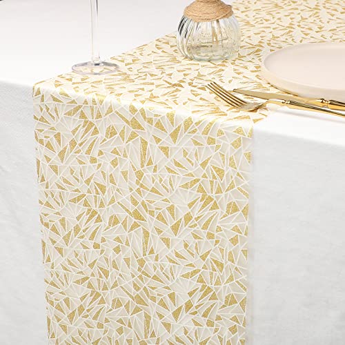 WELTRXE Table Runner, Sparkly Gold Sequins Fabric Roll, 28cm x 15M Shining Geometric Pattern Tulle Ribbon Rolls, Glittering Gift Packaging,Tabletop Decor,Birthday,Party,Wedding,Christmas Decoration