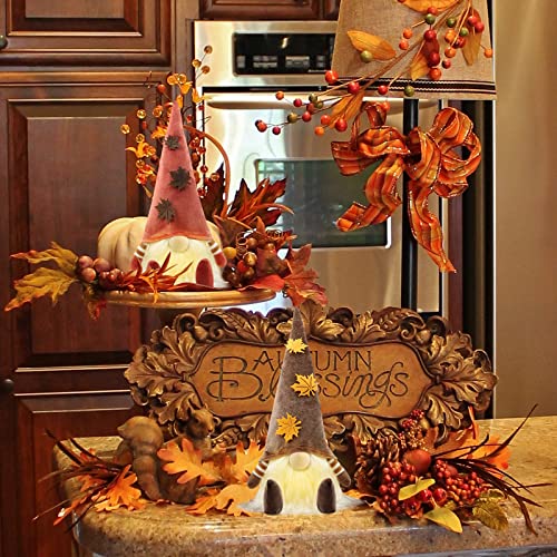 Gehydy Autumn Gonks Thanksgiving Gnome Plush Decorations - Tabletop Fall Maple Leaf Handmade Lighted Swedish Tomte Tiered Tray - Home Holiday Party Figurines farmhouse Ornaments Gift - 2Pcs