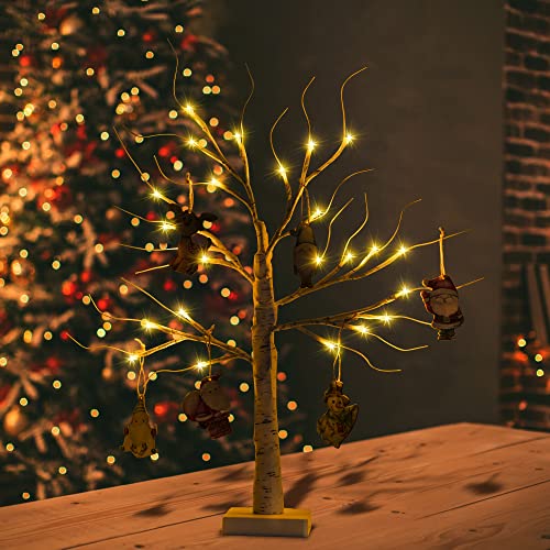 Twig Tree With Lights - Table Top Christmas Tree, 24 LEDs 2ft White Birch Light Up Tree with 6 Christmas Decoration Baubles