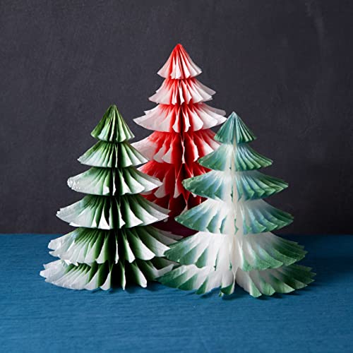 Talking Tables Frosted Red & Green Christmas Decorations-3 Pack Paper Honeycombs, Mini Xmas Trees for Tabletop, Windowsill Display | Winter Wonderland, Forest Party Theme, Red/Green