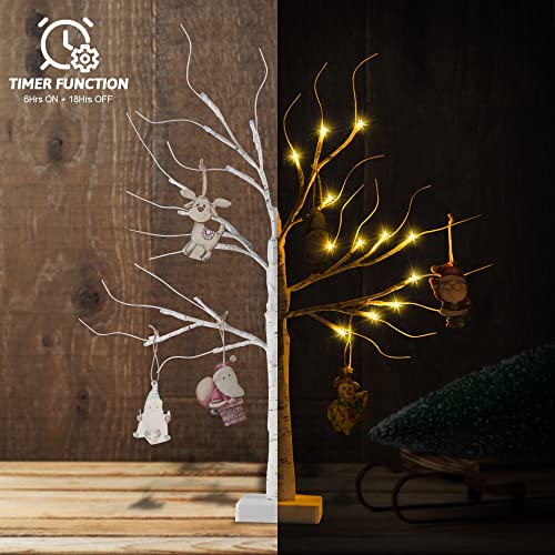 Twig Tree With Lights - Table Top Christmas Tree, 24 LEDs 2ft White Birch Light Up Tree with 6 Christmas Decoration Baubles