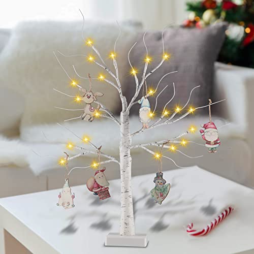 Twig Tree With Lights - Table Top Christmas Tree, 24 LEDs 2ft White Birch Light Up Tree with 6 Christmas Decoration Baubles