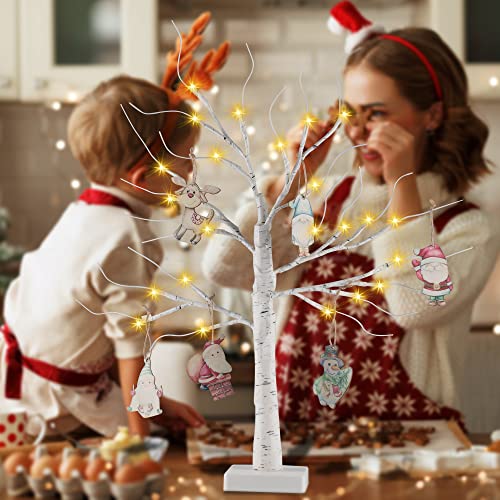 Twig Tree With Lights - Table Top Christmas Tree, 24 LEDs 2ft White Birch Light Up Tree with 6 Christmas Decoration Baubles
