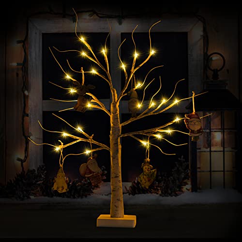 Twig Tree With Lights - Table Top Christmas Tree, 24 LEDs 2ft White Birch Light Up Tree with 6 Christmas Decoration Baubles