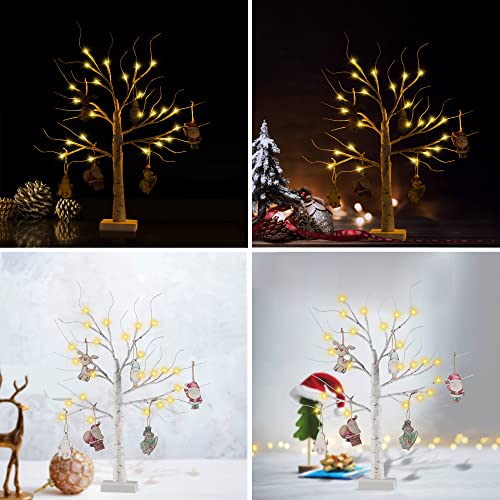 Twig Tree With Lights - Table Top Christmas Tree, 24 LEDs 2ft White Birch Light Up Tree with 6 Christmas Decoration Baubles