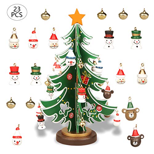 YiYa Mini Wooden Tabletop Christmas Tree Christmas Toy Set with 18 Mini Christmas Ornaments and 1 Star Treetop for Christmas Decoration Tabletop Decors (S)