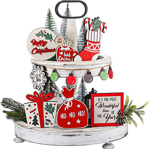 SHENGMEI 12 Pcs Christmas Farmhouse Tiered Tray Stand Decoration, Rustic Table Centerpiece Wooden Christmas Stocking Snowflakes Tabletop Signs for Xmas House Farmhouse Decor, 20 X 15cm