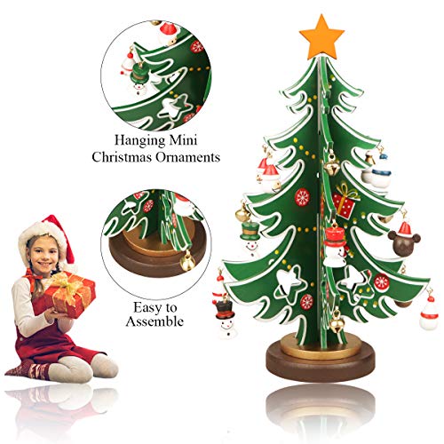 YiYa Mini Wooden Tabletop Christmas Tree Christmas Toy Set with 18 Mini Christmas Ornaments and 1 Star Treetop for Christmas Decoration Tabletop Decors (S)