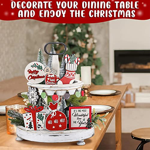 SHENGMEI 12 Pcs Christmas Farmhouse Tiered Tray Stand Decoration, Rustic Table Centerpiece Wooden Christmas Stocking Snowflakes Tabletop Signs for Xmas House Farmhouse Decor, 20 X 15cm