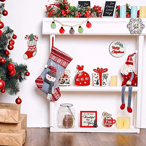 SHENGMEI 12 Pcs Christmas Farmhouse Tiered Tray Stand Decoration, Rustic Table Centerpiece Wooden Christmas Stocking Snowflakes Tabletop Signs for Xmas House Farmhouse Decor, 20 X 15cm