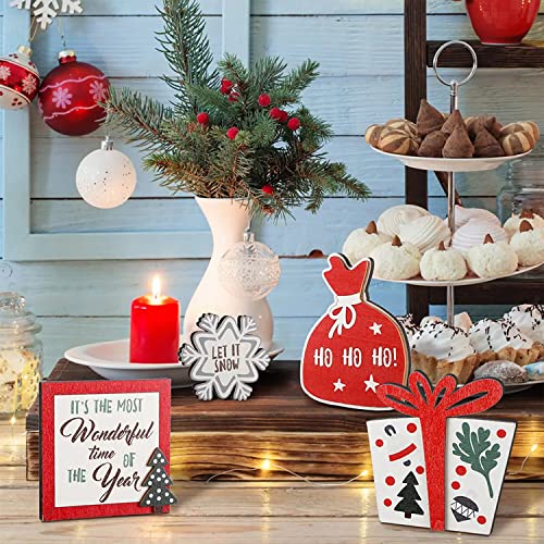SHENGMEI 12 Pcs Christmas Farmhouse Tiered Tray Stand Decoration, Rustic Table Centerpiece Wooden Christmas Stocking Snowflakes Tabletop Signs for Xmas House Farmhouse Decor, 20 X 15cm