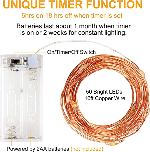 innolife Fairy Lights Battery Operated with Timer, 3 Pack 50 LED 2AA Battery Powered 16.5ft Copper Wire Firefly Twinkle Fairy Lights for Bedroom Wedding Christmas Decoration, Warm White