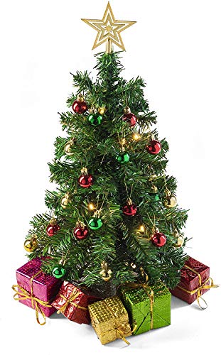 Prextex 23 Inch Tabletop Mini Christmas Tree Set with Warm-White LED Lights, Star Treetopper, Decorated Gift Boxes and Hanging Ornaments for DIY Christmas Decorations, Great Tabletop Christmas Tree