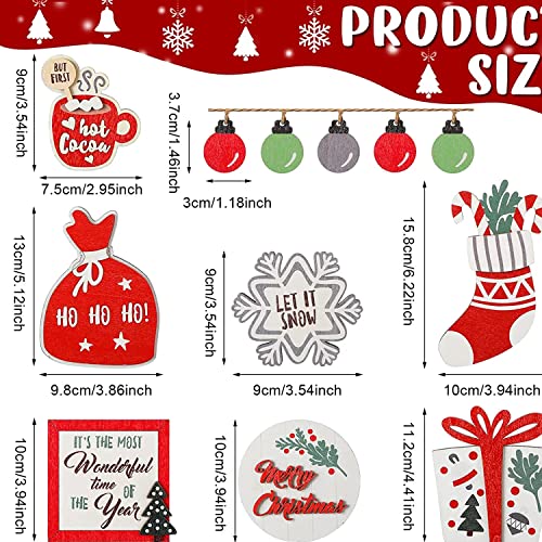 SHENGMEI 12 Pcs Christmas Farmhouse Tiered Tray Stand Decoration, Rustic Table Centerpiece Wooden Christmas Stocking Snowflakes Tabletop Signs for Xmas House Farmhouse Decor, 20 X 15cm