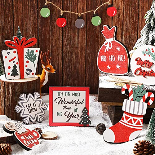 SHENGMEI 12 Pcs Christmas Farmhouse Tiered Tray Stand Decoration, Rustic Table Centerpiece Wooden Christmas Stocking Snowflakes Tabletop Signs for Xmas House Farmhouse Decor, 20 X 15cm