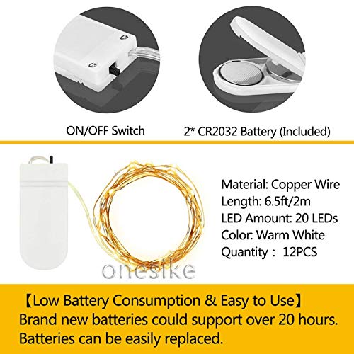 12 PCS LED Fairy String Lights Battery Operated, 20 LEDs 6.5Ft/2M Micro Copper Wire Lights, Waterproof Christmas Starry Decor Rope Lamps for DIY Wedding Party Festival Decorations (Warm White)