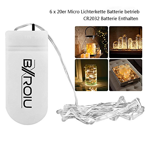 BXROIU Fairy Lights CR2032 Battery Operated,6 Pack 2 Meter 20LEDs Micro Silver Wire String Lights for Bedroom Christmas Party Wedding Decoration (Warm White)