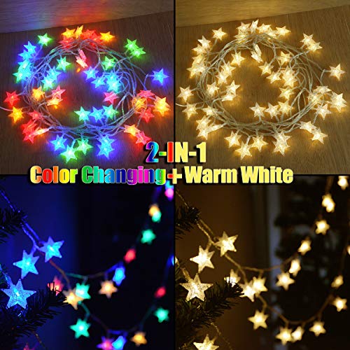 【3-in-1 Function】Abkshine 50 LED Star Fairy Lights, Battery Powered Christmas Lights, Warm White + Multicoloured String Lights for Indoor Outdoor Wedding Bedroom Patio Umbrella Decorations