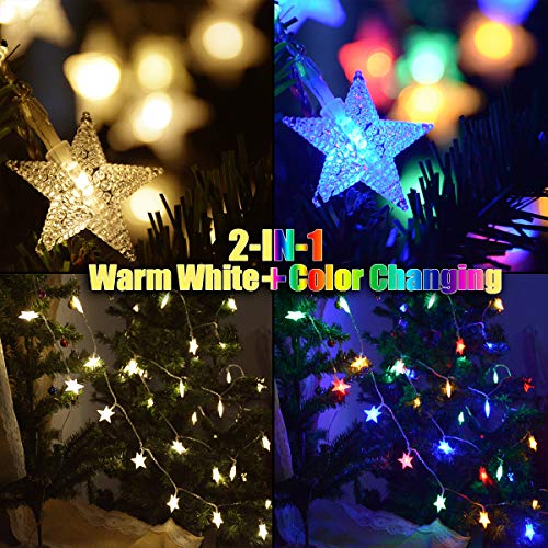 【3-in-1 Function】Abkshine 50 LED Star Fairy Lights, Battery Powered Christmas Lights, Warm White + Multicoloured String Lights for Indoor Outdoor Wedding Bedroom Patio Umbrella Decorations