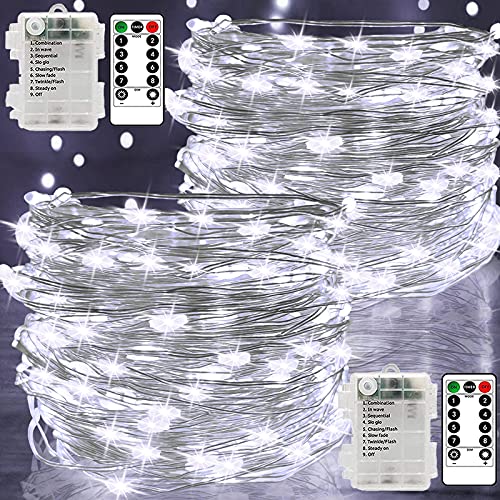 Fairy Lights Battery Operated, 2 Pack 12M 120 LED String Lights Copper Wire Lights with Remote 8 Modes Waterproof Decorative Lighting for Outdoor/Indoor Bedroom Party Wedding Christmas (White)