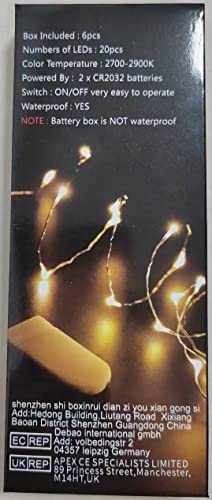 BXROIU Fairy Lights CR2032 Battery Operated,6 Pack 2 Meter 20LEDs Micro Silver Wire String Lights for Bedroom Christmas Party Wedding Decoration (Warm White)