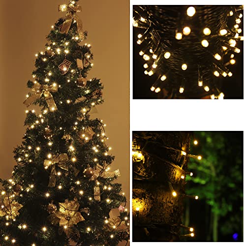 YOSION 100 LED String Fairy Lights Battery Power Operated Dark Green Cable 8 Modes Timer Function Rainproof Christmas Xmas Garden Party Wedding Decoration (Warm White, 100 LEDs)