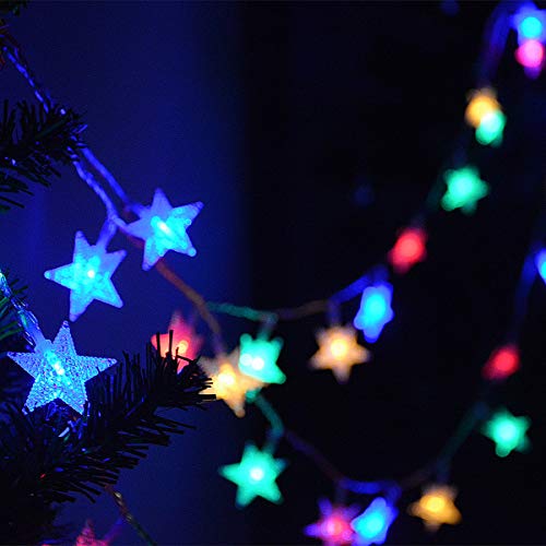 【3-in-1 Function】Abkshine 50 LED Star Fairy Lights, Battery Powered Christmas Lights, Warm White + Multicoloured String Lights for Indoor Outdoor Wedding Bedroom Patio Umbrella Decorations