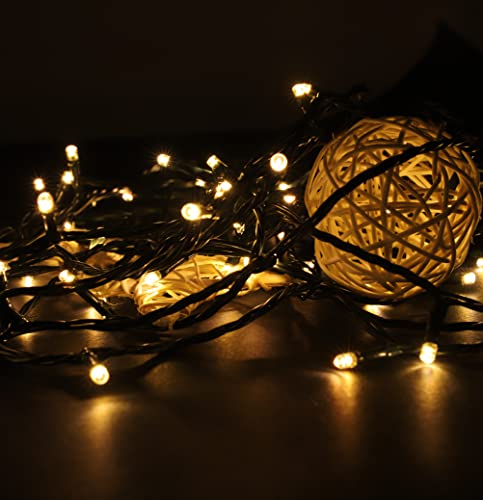 YOSION 100 LED String Fairy Lights Battery Power Operated Dark Green Cable 8 Modes Timer Function Rainproof Christmas Xmas Garden Party Wedding Decoration (Warm White, 100 LEDs)