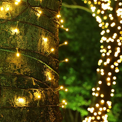 YOSION 100 LED String Fairy Lights Battery Power Operated Dark Green Cable 8 Modes Timer Function Rainproof Christmas Xmas Garden Party Wedding Decoration (Warm White, 100 LEDs)