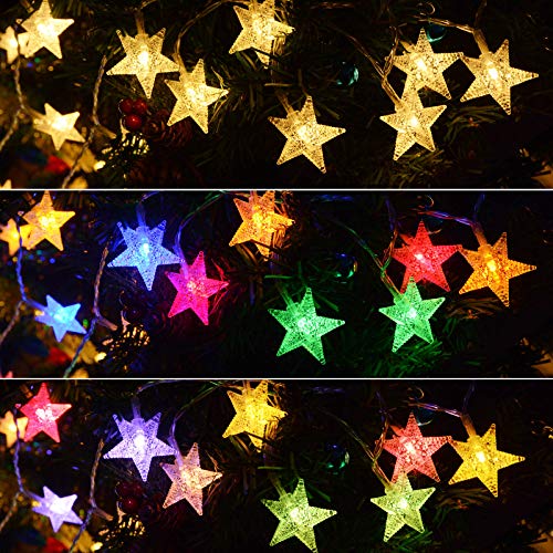 【3-in-1 Function】Abkshine 50 LED Star Fairy Lights, Battery Powered Christmas Lights, Warm White + Multicoloured String Lights for Indoor Outdoor Wedding Bedroom Patio Umbrella Decorations
