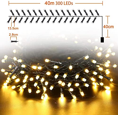 Avoalre Christmas String Lights 40m 300LEDs Battery Powered Fairy Light Indoor Outdoor Auto Timer Decoration with 8 Changing Modes for Xmas, Christmas Tree,Wedding, Party, Birthday - Warm White