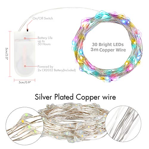 Coloured Fairy Lights Battery Operated, 30 Micro LED Copper Wire String Fairy Lights Indoor, 3m Waterproof Starry Lights for Wedding, Party, Bedroom, Christmas Decor, Multi Coloured