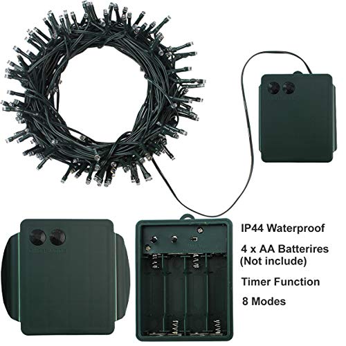 YOSION 100 LED String Fairy Lights Battery Power Operated Dark Green Cable 8 Modes Timer Function Rainproof Christmas Xmas Garden Party Wedding Decoration (Warm White, 100 LEDs)