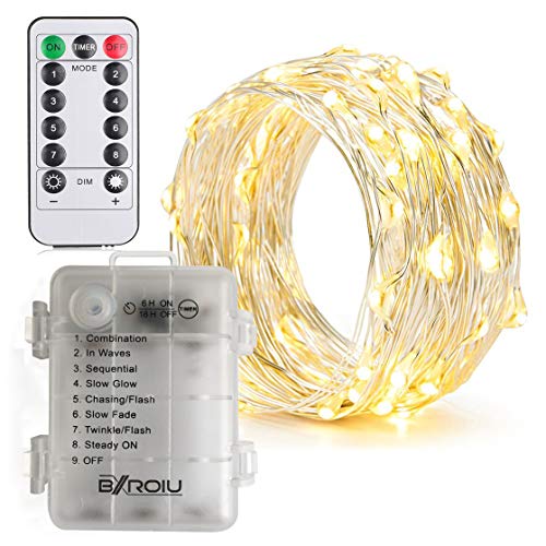 [2 Pack] BXROIU Fairy String Lights Battery Operated, Silver Wire Chains 8 Mode 5 Meters 50 LEDs Timer Fairy Lights with Remote Control for Bedroom Christmas Party Wedding Decoration (Warm White)
