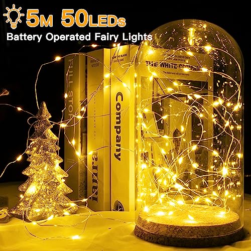 ZeMu Fairy Lights Battery Operated, 5m 50 LEDs Copper Wire String Lights, Waterproof Micro Outdoor/Indoor Lights, Small Warm White Lights for Bedroom Outside Wedding Jars Bottle Decorations