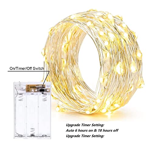 100LED Fairy Light Battery Operated LED Lights with Timer Setting Warm White String Lights, 10M Silver Wire Starry Lighting, for Bedroom, Indoor, Christmas Tree, Wedding Decor Idea Put in Jars