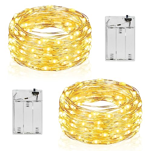 Ollny Fairy Lights Battery Operated for Bedroom, 10m 100 LEDs Indoor Outdoor Cooper Wire String Lights, Small Waterproof Battery Powered Christmas Lights for Jars, Wine, Tree(Warm White) (10mx2)