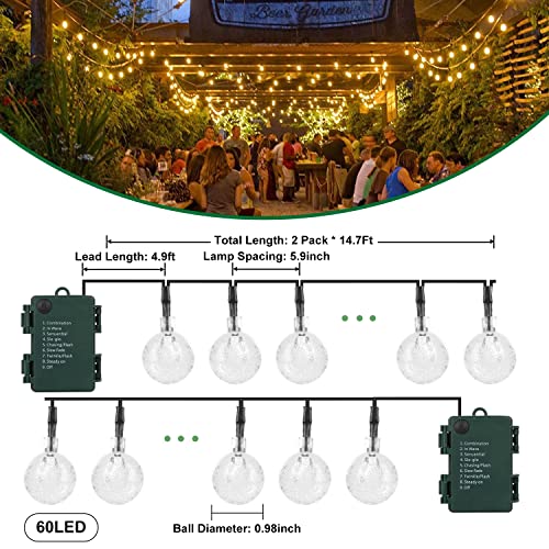 RJEDL [2 Pack] Garden Lights Battery Operated, 9m 60LED with 8 Modes, Waterproof Crystal Balls String Lights Decoration for Outdoor Indoor Christmas Bedroom Garden Room Party Camping