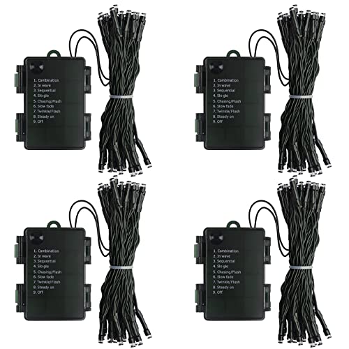 4 Pack Christmas Tree Lights String - 5m 50 LED Outdoor Indoor Battery Operated with Timer 8 Modes Dark Green Wire Fairy Lights for Bedroom Xmas Tree Patio Curtain Festival Decoration, Warm White