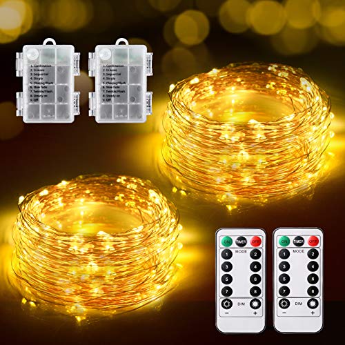 TOPYIYI Fairy Lights, 2 Pack 12M/39Ft 120LED Fairy Lights Battery Operated, 8 Light Modes Flexible Copper Wire String Lights with Remote,Indoor Outdoor Fairy Lights for Christmas Bedroom Garden Party