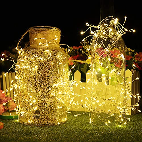 CCILAND 3m Remote Garland String Lights for Bedroom, 8 Mode 200 LED Cluster Light Battery Operated with Timer, Dimmable Wedding Party Decor Light for Tree Vase Window (Warm White, Silver Wire)