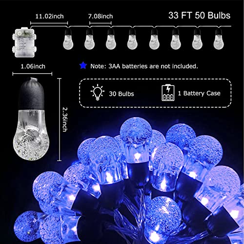 Fairy Lights Battery Operated Outdoor String Lights 33FT/10M 50LED Globe Garden Lights Indoor Decorative Christmas Patio Lights Waterproof 8 Modes for Party Garden Porch Yard Wedding Halloween(Blue)