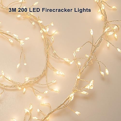 CCILAND 3m Remote Garland String Lights for Bedroom, 8 Mode 200 LED Cluster Light Battery Operated with Timer, Dimmable Wedding Party Decor Light for Tree Vase Window (Warm White, Silver Wire)