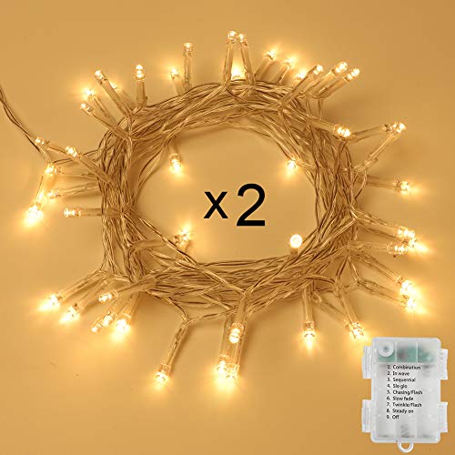 Battery Operated Fairy Lights 2 Pack 50 LEDs 5m 8 Lighting Modes Timer Function IP65 Waterproof Warm White for Christmas