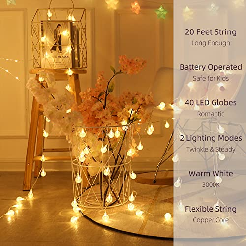 Fairy Lights Battery Operated Outdoor Lights 20FT 40 LED Globe String Lights Indoor Outdoor Waterproof Twinkle Christmas Lights for Garden Patio Gazebo Balcony Bedroom Xmax Tree Decorations Warm White
