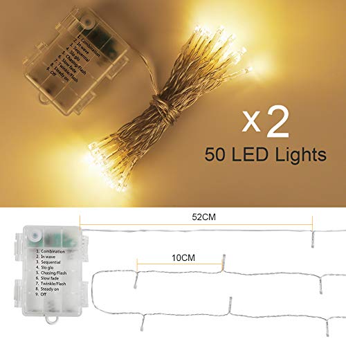 Battery Operated Fairy Lights 2 Pack 50 LEDs 5m 8 Lighting Modes Timer Function IP65 Waterproof Warm White for Christmas