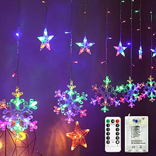 AVEKI Snowflake Curtain String Lights, 138 LED Fairy Star Window Lights Battery Operated 2.5 Meters Decor Lights 8 Modes with Smart Remote Control for Home Christmas Halloween Wedding Party