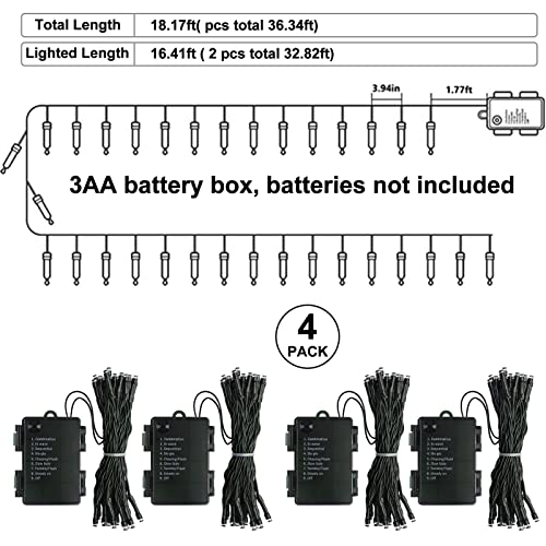 4 Pack Christmas Tree Lights String - 5m 50 LED Outdoor Indoor Battery Operated with Timer 8 Modes Dark Green Wire Fairy Lights for Bedroom Xmas Tree Patio Curtain Festival Decoration, Warm White
