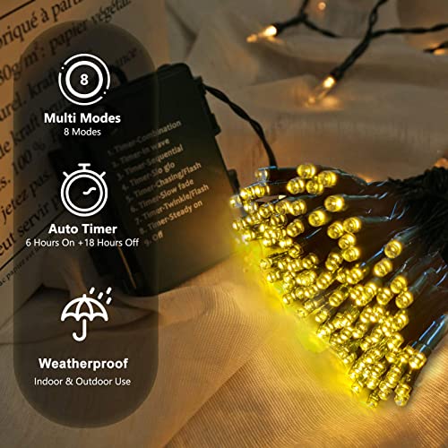 4 Pack Christmas Tree Lights String - 5m 50 LED Outdoor Indoor Battery Operated with Timer 8 Modes Dark Green Wire Fairy Lights for Bedroom Xmas Tree Patio Curtain Festival Decoration, Warm White