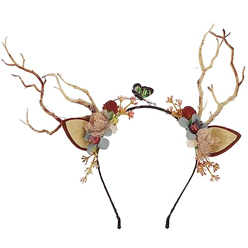 EXCEART Christmas Flower Crown Reindeer Antlers Headband Light Up Led Floral Wreath Headdresses Forest Fairy Costume Photography Hair Hoop for Festive Women Girl